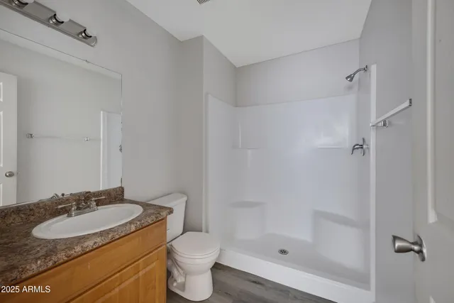 a bathroom with a sink toilet a mirror and shower