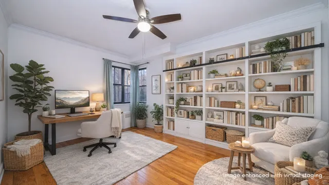 a workspace with a bookshelf