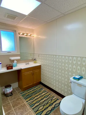 a bathroom with a sink mirror vanity and toilet