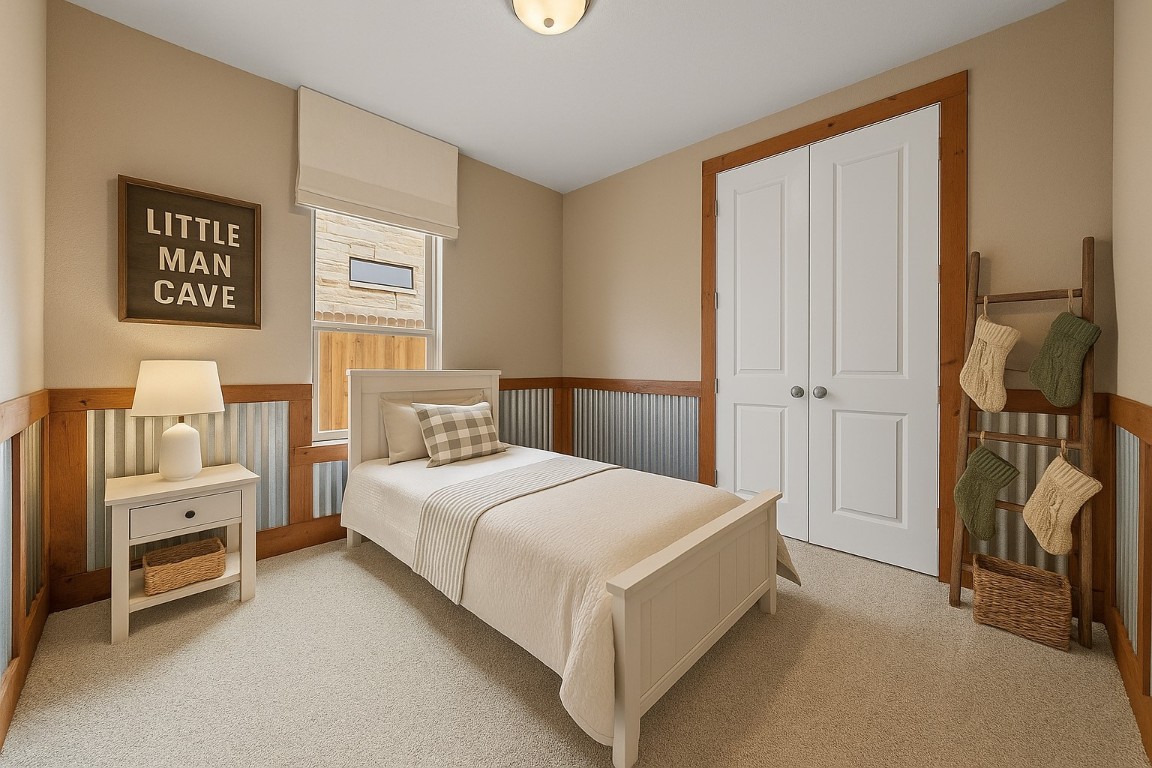 20525 Martin Lane Pflugerville, TX 78660 - Photo 26 of 40 We played with texture and contrast in this secondary bedroom—warm woods, corrugated metal, and clean lines come together for a rustic-modern edge. - Virtually Enhanced Photo