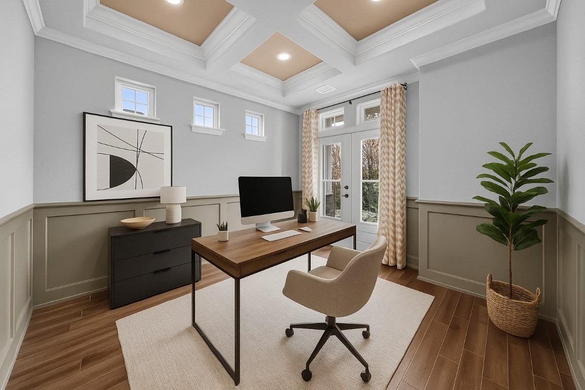 20525 Martin Lane Pflugerville, TX 78660 - Photo 4 of 40 Coffered ceilings, custom trim, and rich wood tones make this front room a showpiece all on its own. - Virtually Enhanced Photo