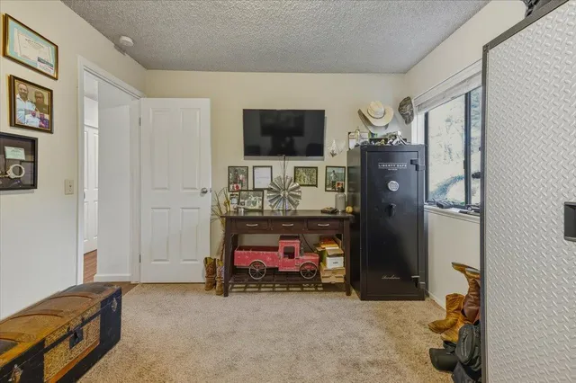 a view of a garage and car parked