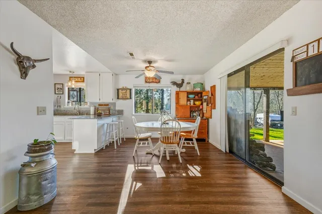 a view of a dining room and livingroom with furniture wooden floor a rug a fireplace and a painting