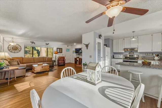 a living room with furniture and a kitchen view