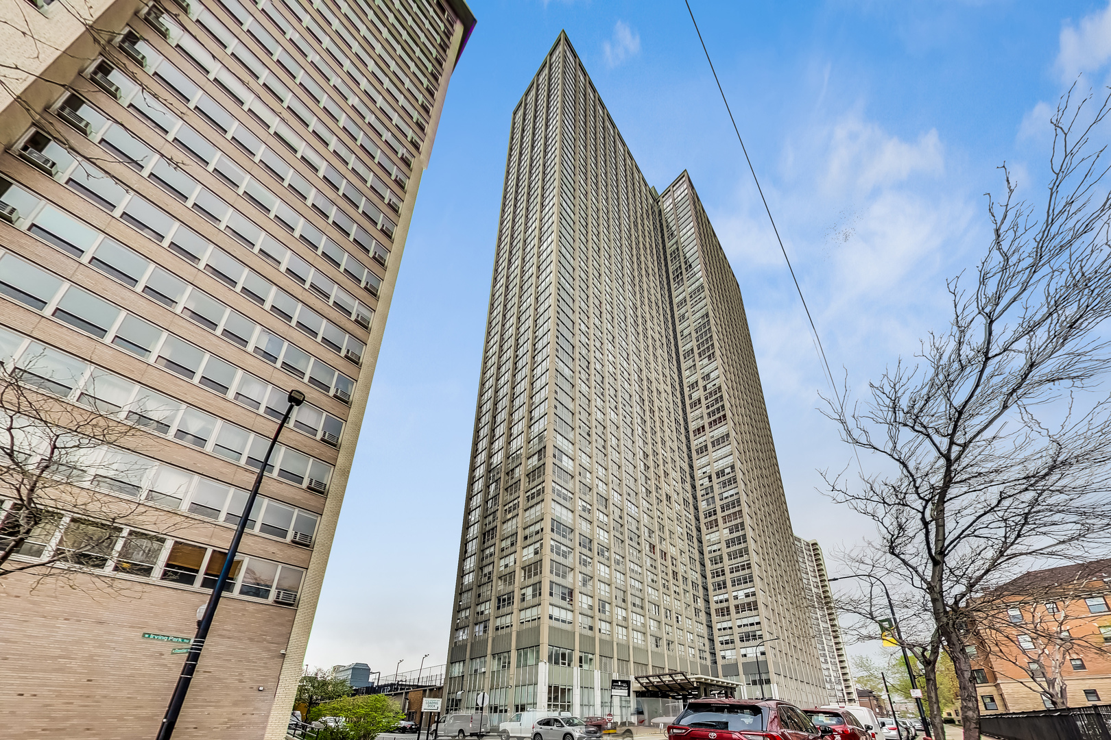 a view of a tall building