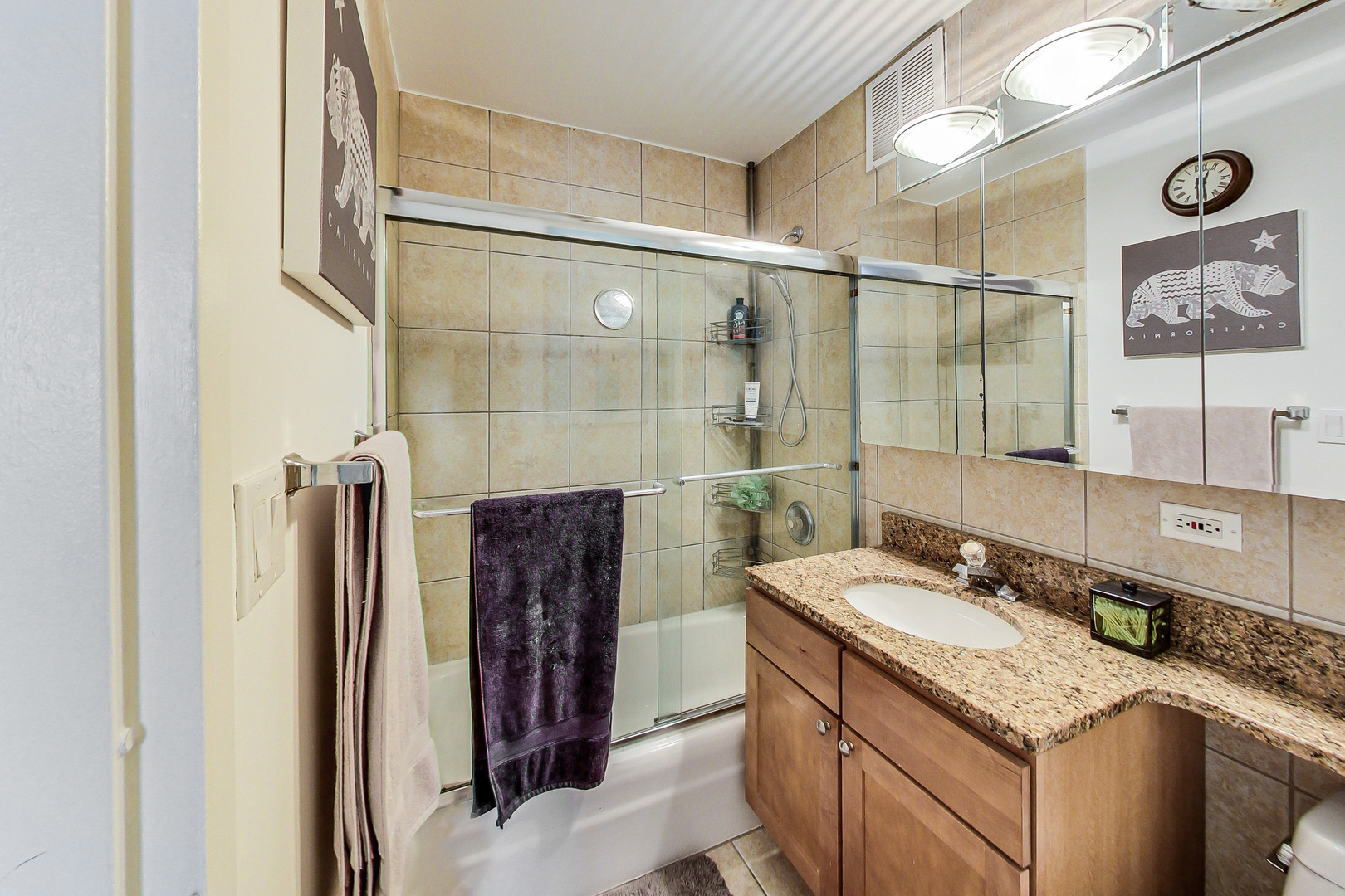 655 West Irving Park Road, Unit 2210 Chicago, IL 60613 - Photo 18 of 38 a bathroom with a granite countertop sink a mirror and shower