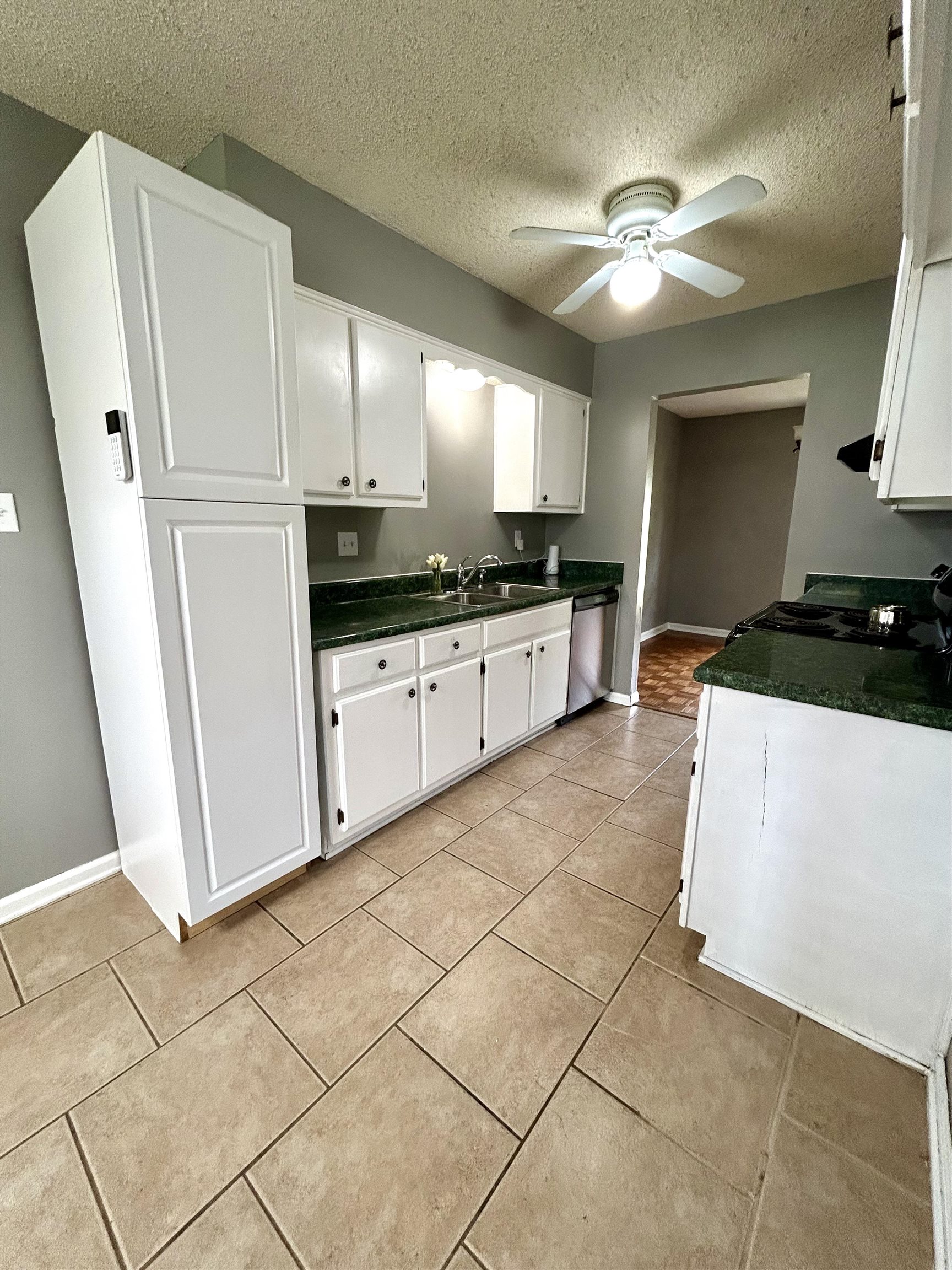 3257 Altruria Road Bartlett, TN 38134 - Photo 10 of 27 Kitchen featuring stainless steel dishwasher, dark countertops, white cabinets, a ceiling fan, and a textured ceiling