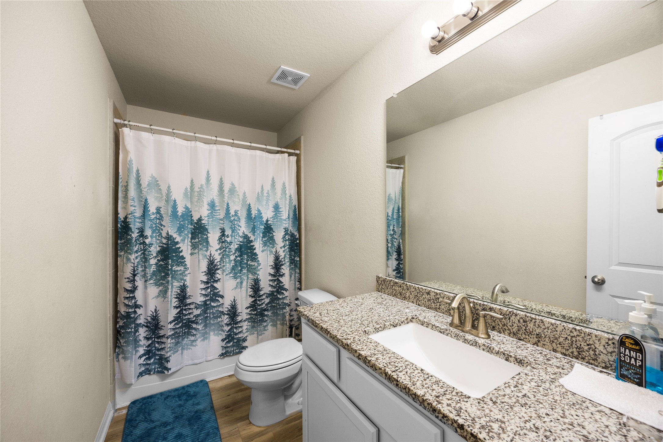 20272 Torrey Pines Lane Cleveland, TX 77327 - Photo 29 of 34 a bathroom with a granite countertop sink toilet and a mirror