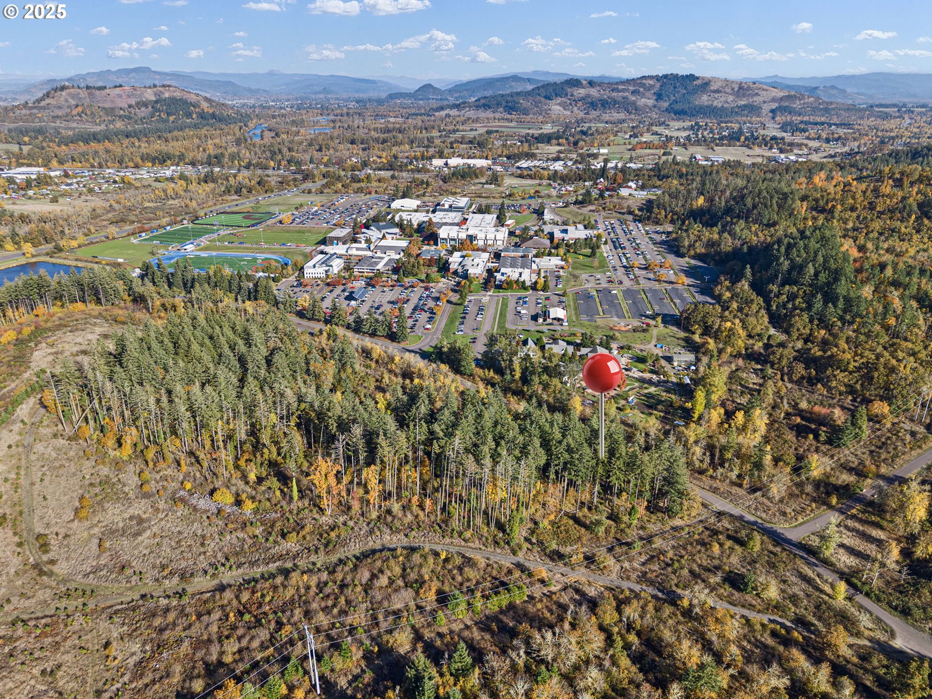 an aerial view of residential houses with outdoor space and trees