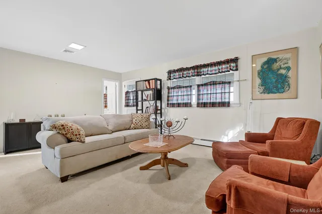 a living room with furniture a rug and a window