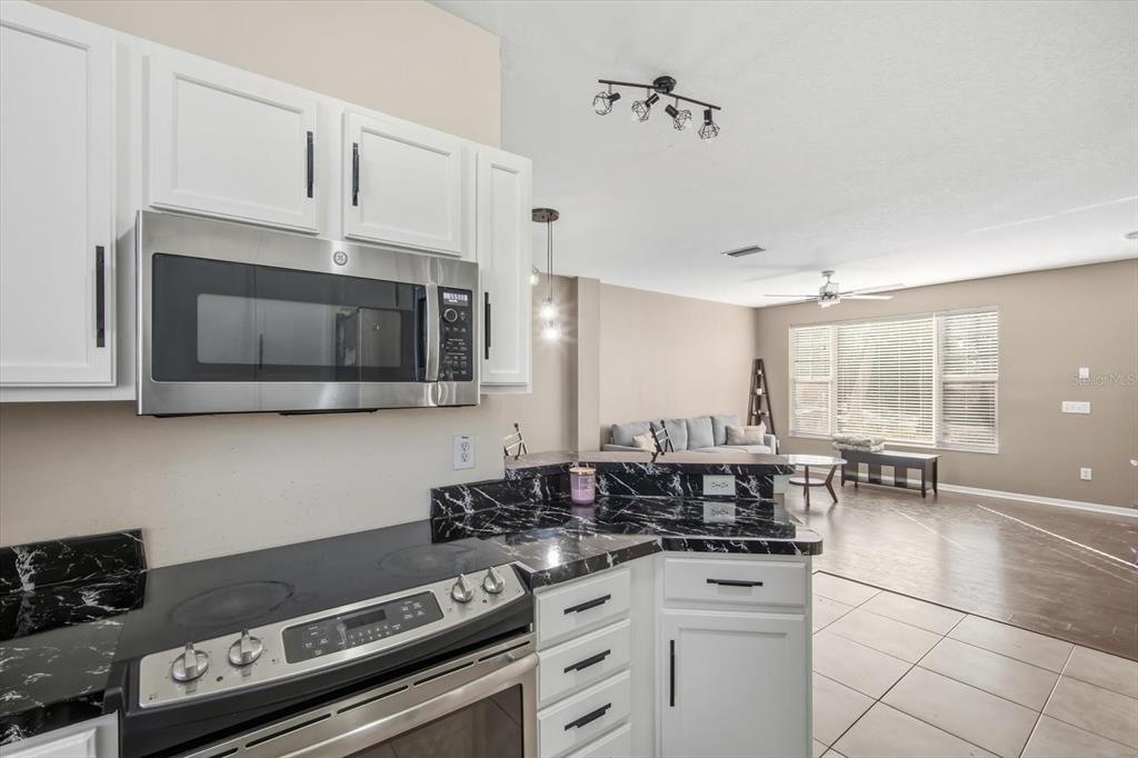 11008 Black Swan Court Seffner, FL 33584 - Photo 8 of 32 a kitchen with stainless steel appliances a stove a microwave and cabinets