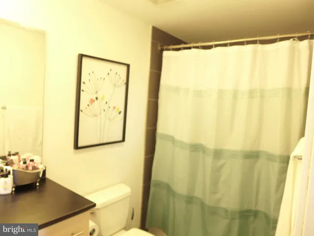 a bathroom with a shower curtain and a toilet