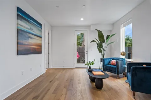 a living room with furniture and a potted plant