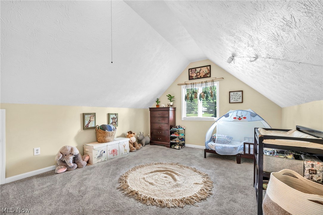 3005 Kendall Road Akron, OH 44321 - Photo 23 of 46 Bedroom featuring vaulted ceiling, light colored carpet, and a textured ceiling