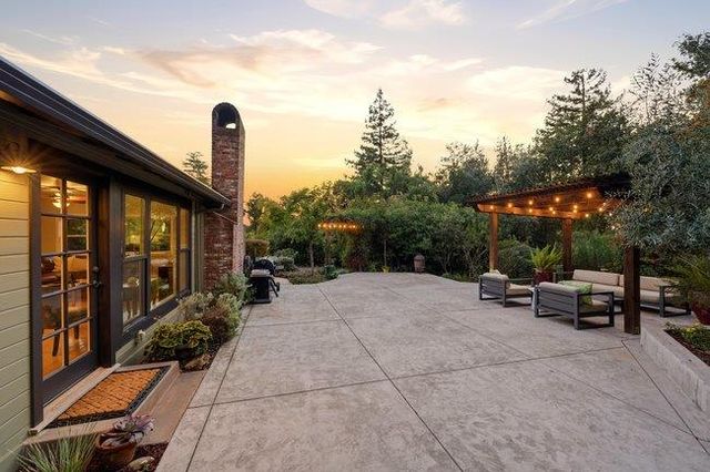 a view of a backyard with plants and slide