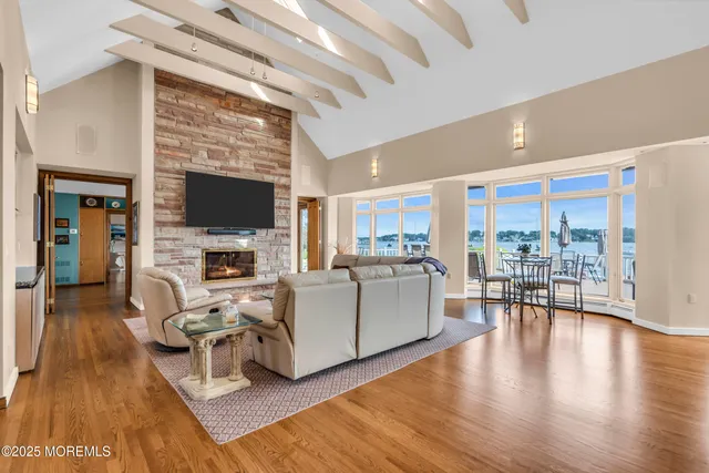 a view of a lake with a big yard