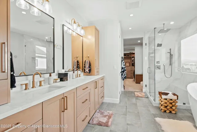 a bathroom with double vanity sinks a large mirror and a shower