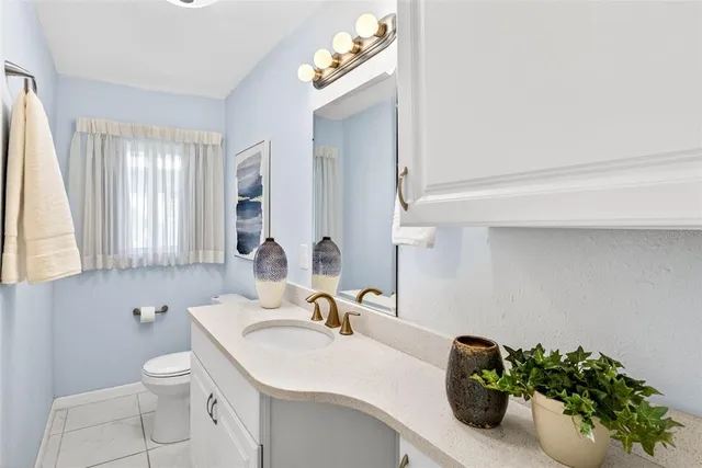 a bathroom with a sink mirror and toilet