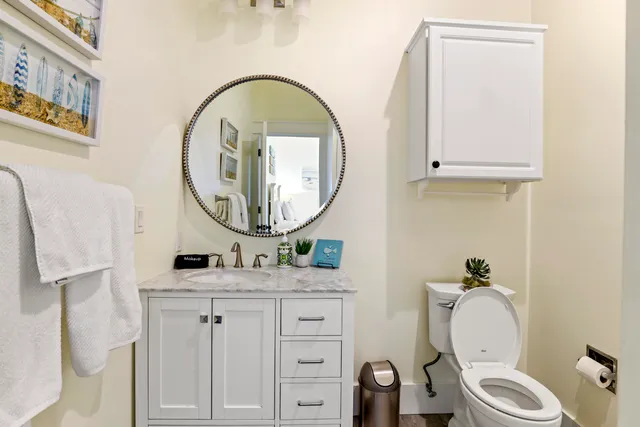 a bathroom with a toilet a sink and a mirror