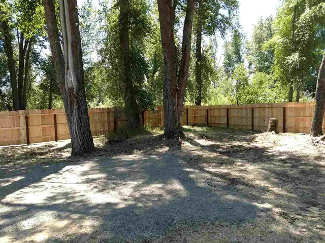 a view of backyard with wooden fence