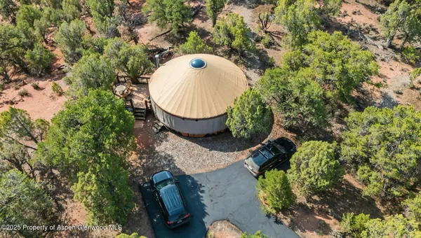 an aerial view of a house with a yard and large trees