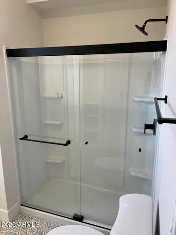 a bathroom with a shower and a toilet