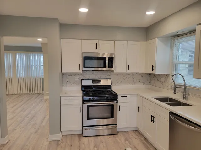 a kitchen with granite countertop a stove and a sink and dishwasher