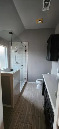 a bathroom with a sink a toilet a mirror and shower