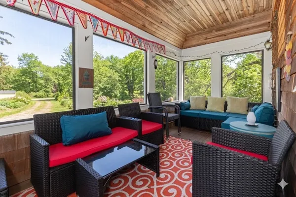 a living room with furniture and a floor to ceiling window