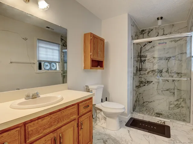 a bathroom with a sink a toilet and shower