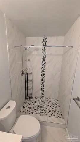 a bathroom with a toilet and shower
