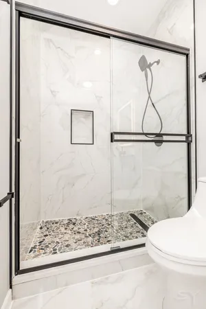 a bathroom with a shower and a toilet