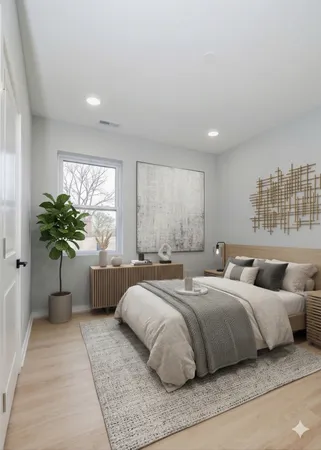 a bedroom with a large bed and a potted plant