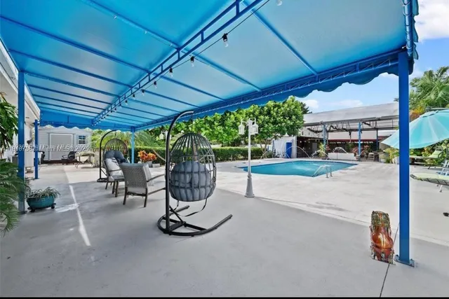 a view of a swimming pool with a patio