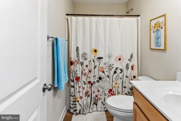 a bathroom with a shower curtain sink and a toilet