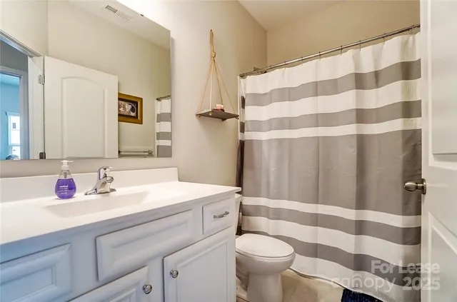 a bathroom with a sink a toilet a mirror and shower curtain