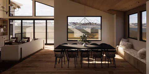 a view of a dining room with furniture large window and wooden floor