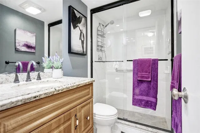 a bathroom with a granite countertop sink mirror vanity and toilet