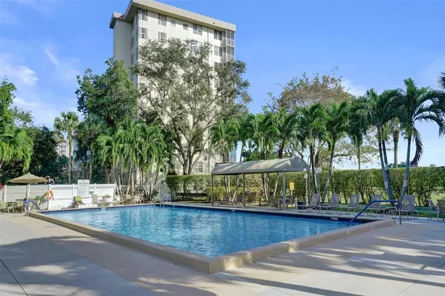 a view of a swimming pool with a yard