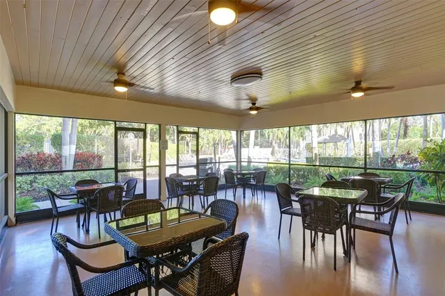 a view of a dining room with furniture window and outside view