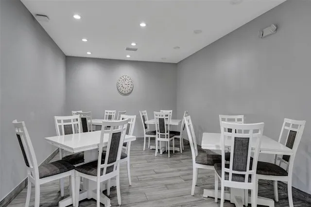 a view of a dining room with furniture