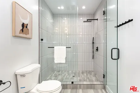 a bathroom with a shower and toilet