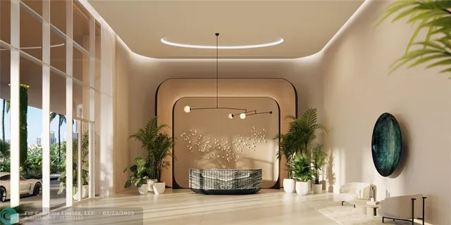 a living room with furniture potted plant and a large window