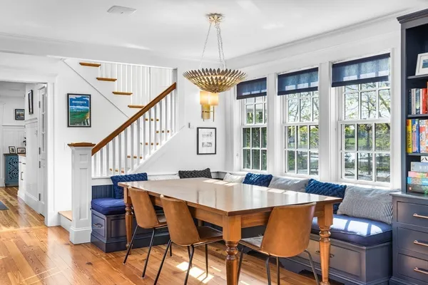 a dining room with furniture window and wooden floor