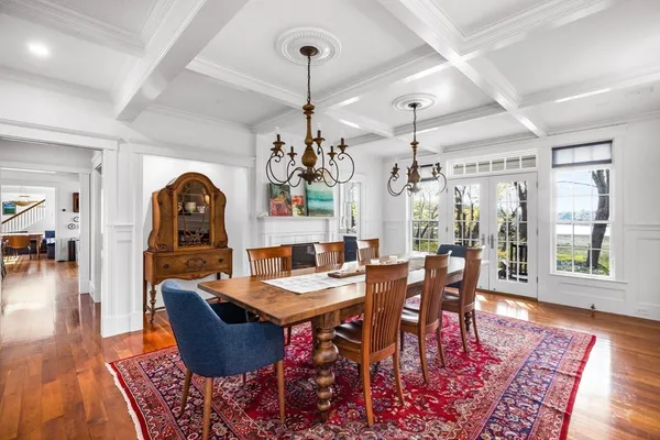 a view of a dining room with furniture