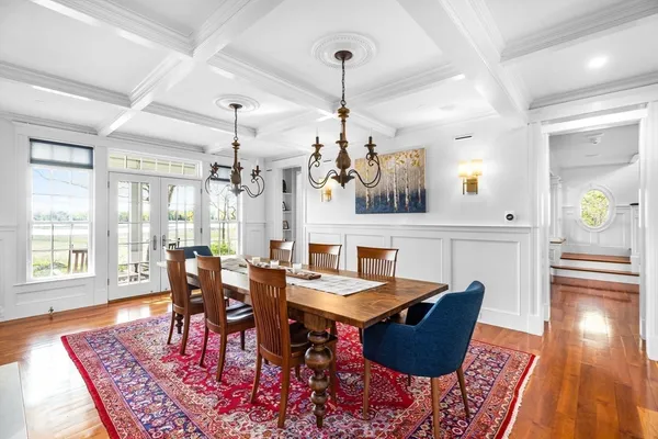 a view of a dining room with furniture