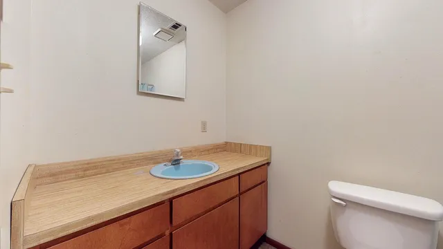 a bathroom with a sink a toilet and mirror