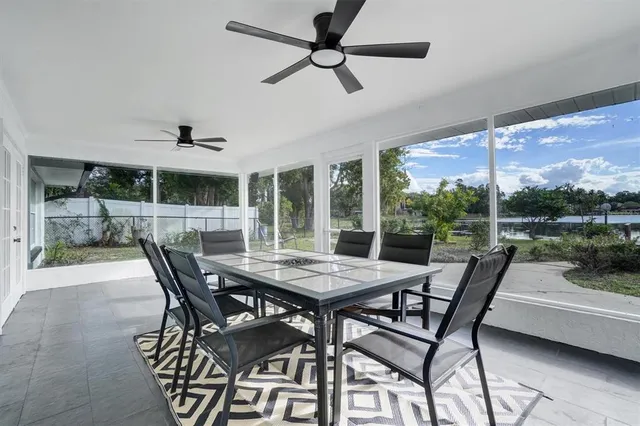 a view of a dining room with furniture window and outside view