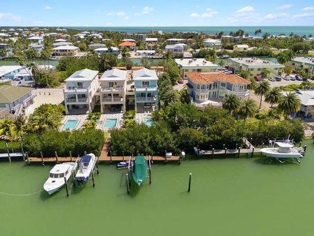 an aerial view of multiple houses with yard