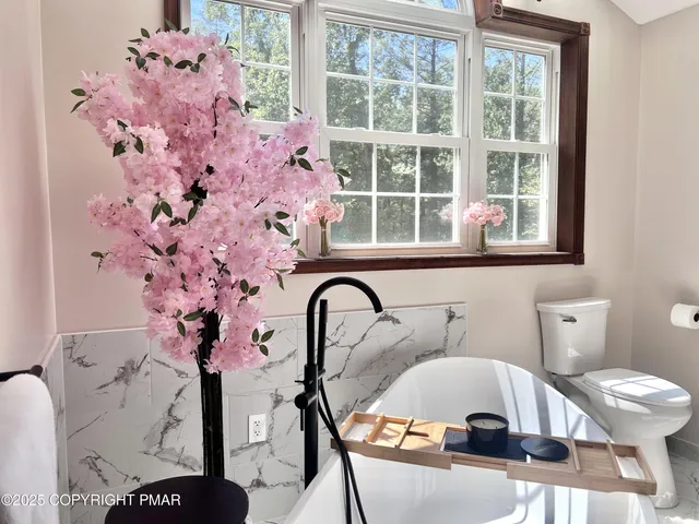 a front view of a house with a fountain